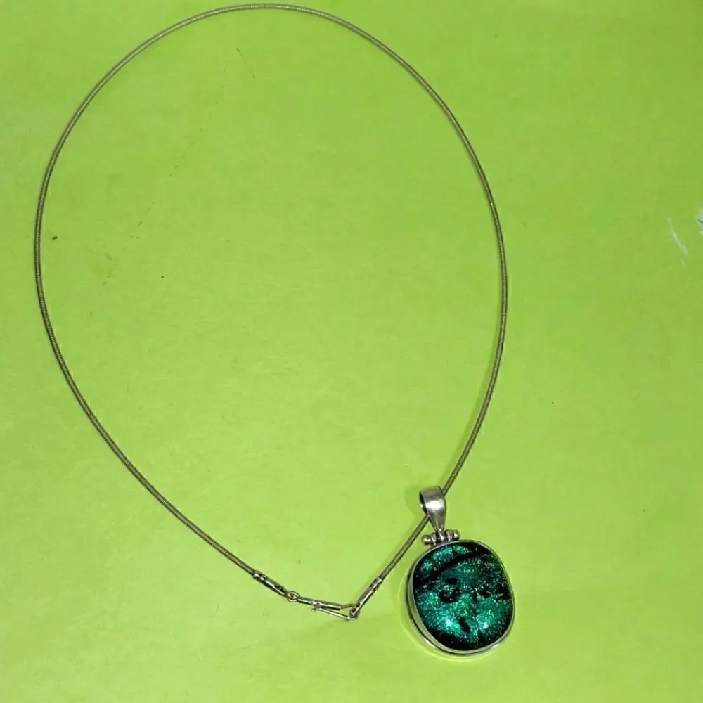 VintageSterling Diachrolic Glass Pendant and Chain...16